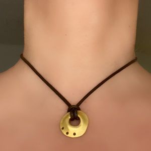 Leather Gold Pendant Necklace - one of a kind